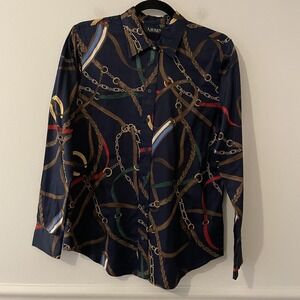Ralph Lauren Black Label Button Front Navy Shirt Sz M Equestrian Old Money
